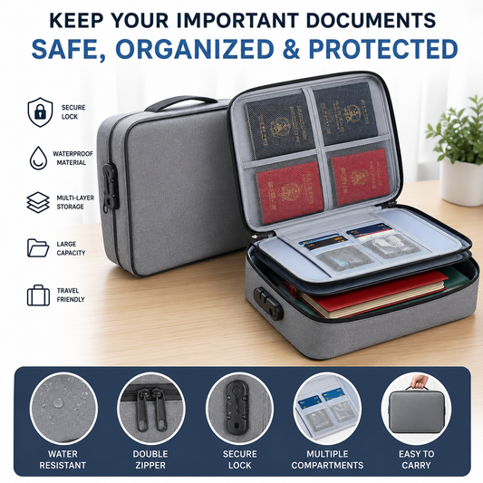 Premium Waterproof Document Organizer Bag with Lock | Multi-Layer File Storage Case for Certificates, Passport & Laptop