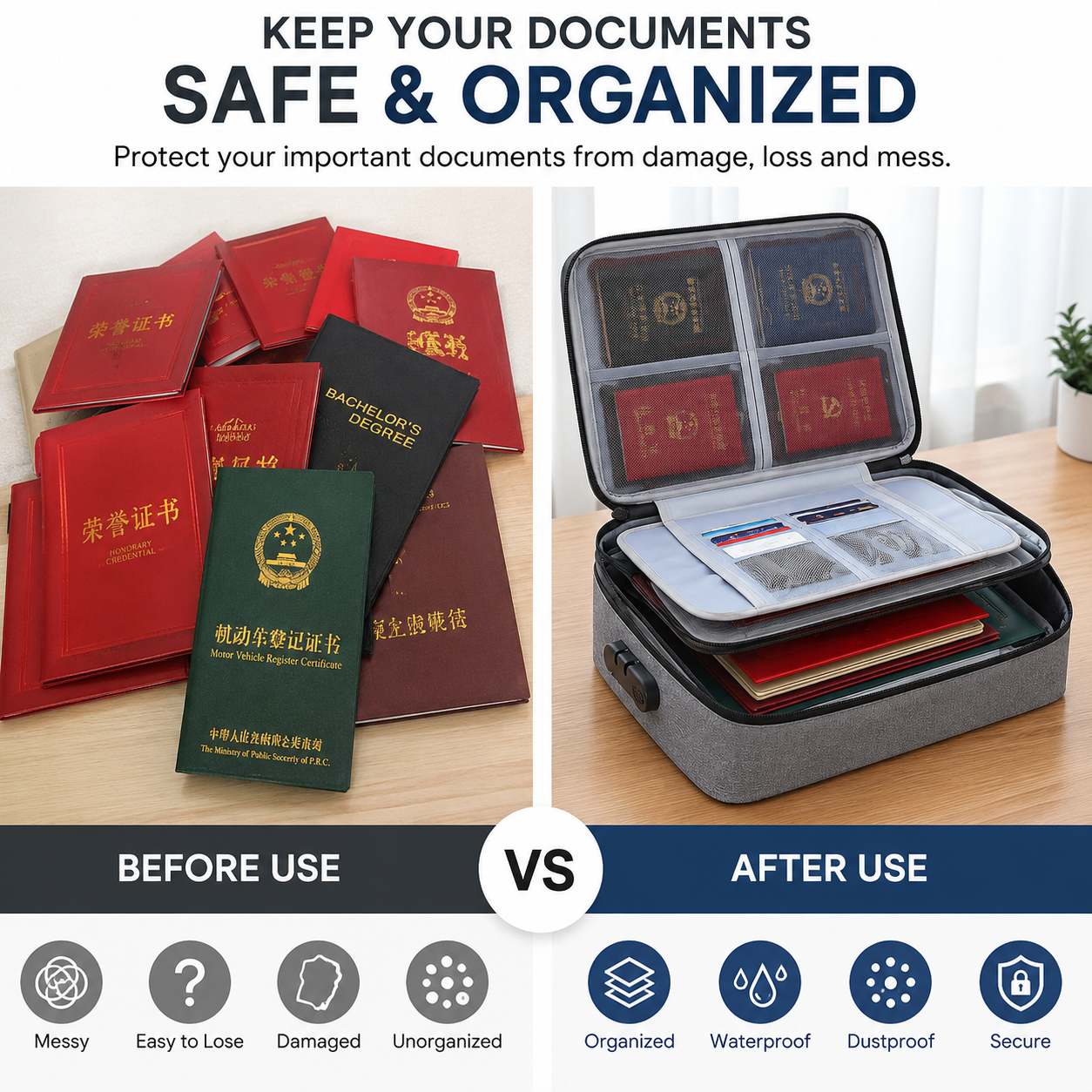 Premium Waterproof Document Organizer Bag with Lock | Multi-Layer File Storage Case for Certificates, Passport & Laptop