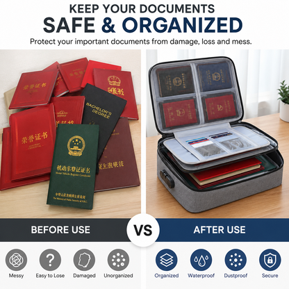 Premium Waterproof Document Organizer Bag with Lock | Multi-Layer File Storage Case for Certificates, Passport & Laptop